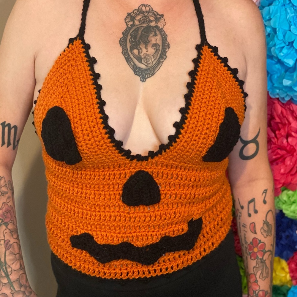 Hand Crafted Orange and Black Crochet Halter Top